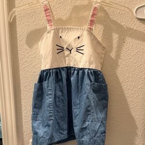 Hanna Andersson Cream Bunny Denim Overall Dress with Pink Straps